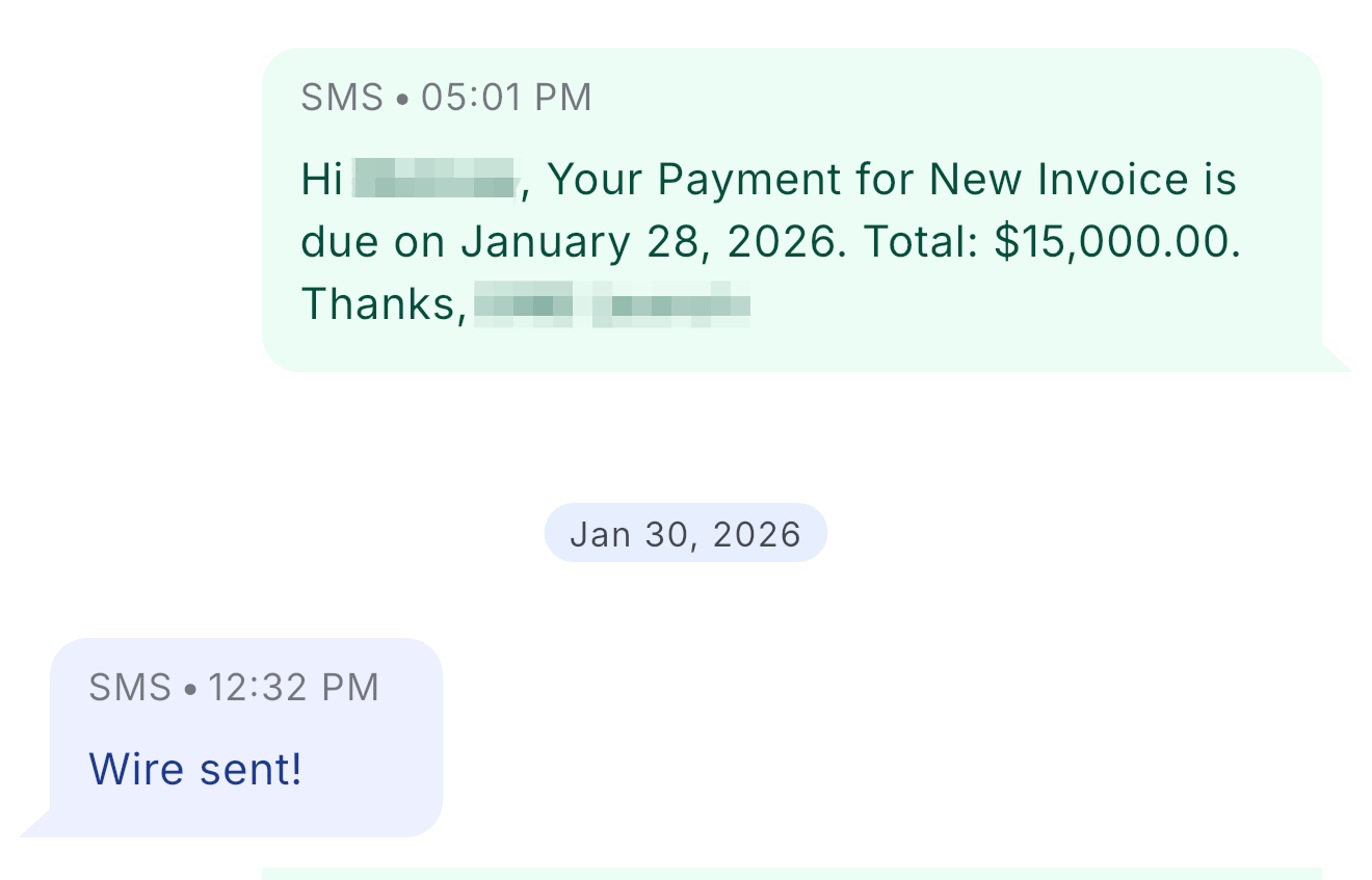 SMS conversation confirming a $15,000 wire payment was sent on January 30, 2026